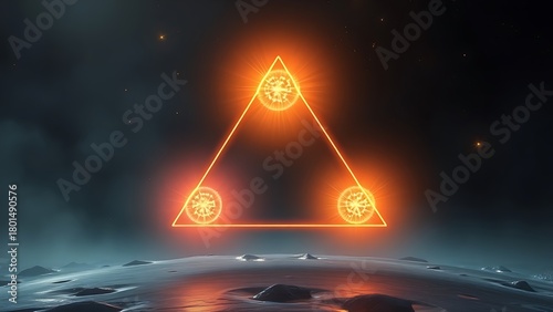 equilibrium. Three glowing energy cores suspended in a perfect triangular formation, symbolizing balance and harmony. STEM education sheets.