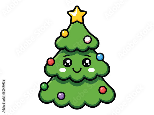 A cute cartoon Christmas tree character with a happy face and colorful ornaments, ready for the holidays.