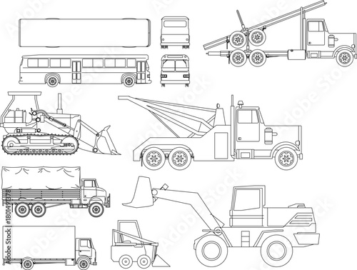 Technical vector set of heavy vehicles: bus, tow truck, bulldozer, box truck, and loader in side elevation view.
