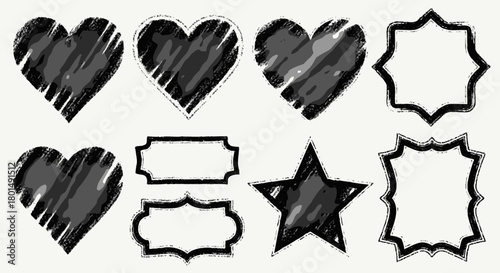 Assorted Hand-Drawn Shapes - Hearts, Star, and Decorative Frames.