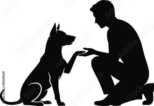 Silhouette of a man and dog shaking paws on a white background human animal