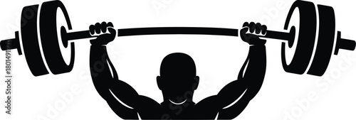 Silhouette of man lifting barbell overhead with muscular arms weightlifting strength