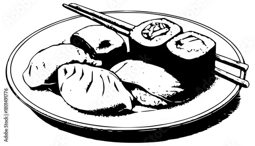 Vector illustration of sushi on a plate with chopsticks in Japanese style