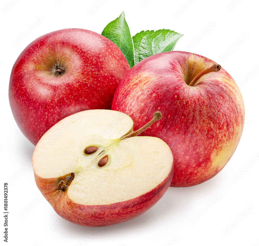 Fototapeta premium Two red apples and half of apple on white background. File contains clipping paths.