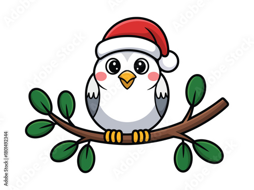 A cute cartoon bird wearing a Santa hat sits on a branch with green leaves, celebrating the winter holidays.