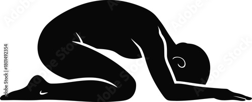 Black silhouette of a person in a child's pose yoga position human figure