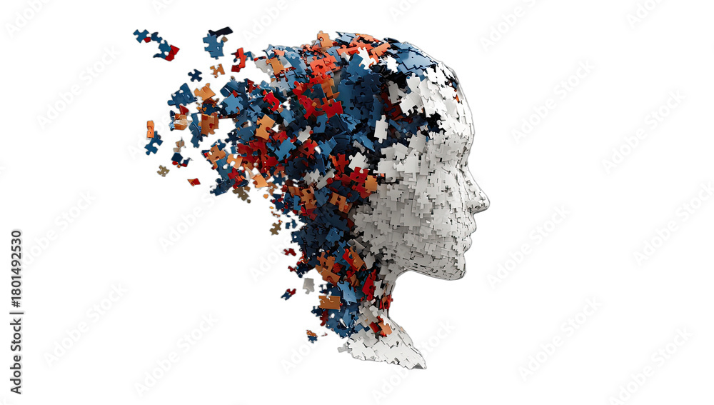 Fototapeta premium Silhouette head disintegrating into colorful jigsaw puzzle pieces, suggesting thought/mind