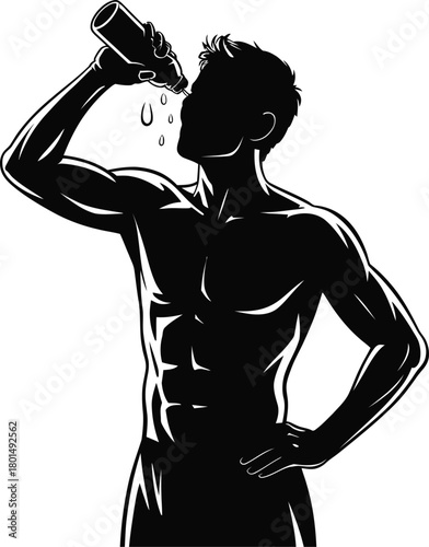 Muscular man silhouette drinking from a bottle with water droplets splashing athletic