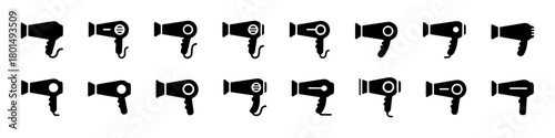 Collection of black silhouette hair dryer icons, illustrating various styles and functions of blow dryers