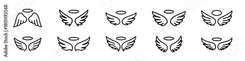 Set of angel wings and halo icons, representing divinity, purity, and spirituality in a simple, elegant style.