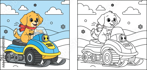 Cute Cartoon Puppy Riding Snowmobile Coloring Page