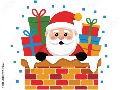 Santa Claus peeks over a chimney filled with Christmas presents and snowflakes, ready to deliver holiday cheer.
