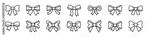 A wide array of hand-drawn line art bow and ribbon icons, perfect for packaging, fashion, and festive themes.