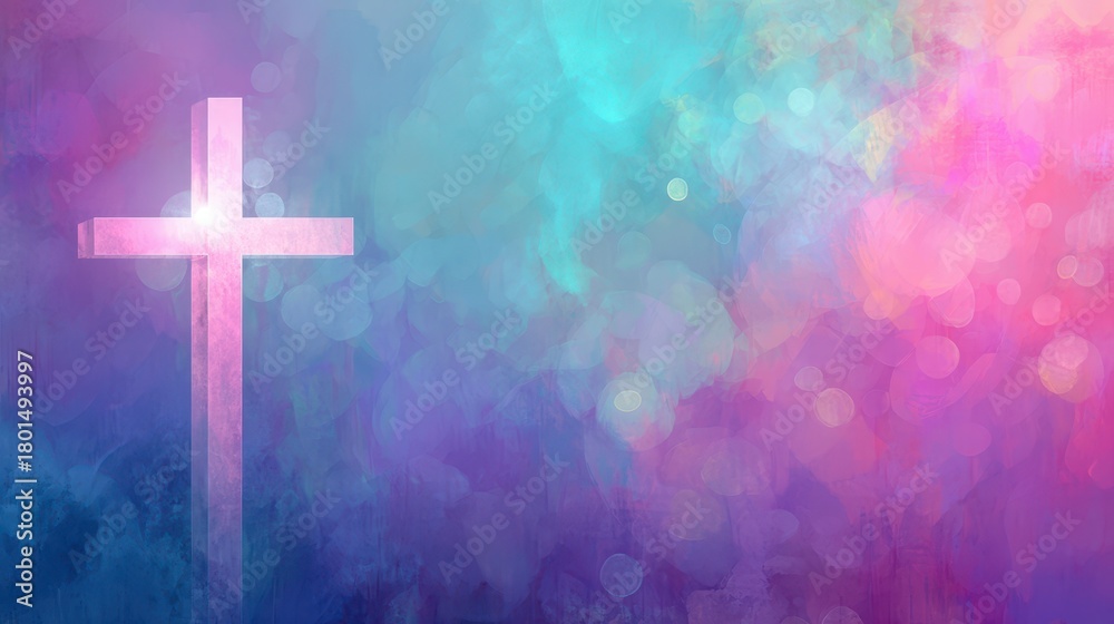 Obraz premium Vivid cross illustration on gradient background with copy space on the right