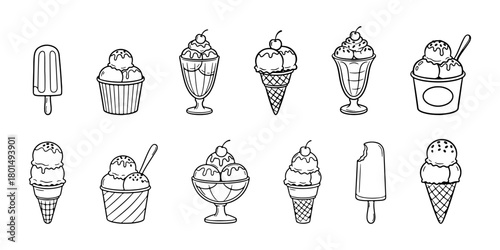 Hand-drawn outline icons of various ice cream treats, including cones, sundaes, cups, and popsicles.