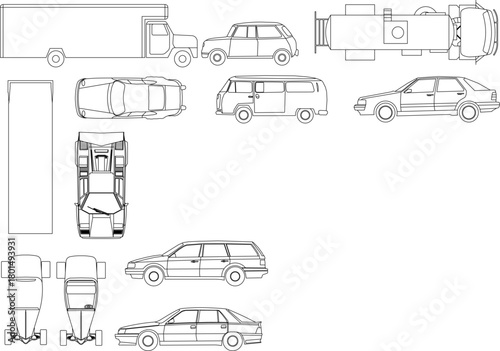 Technical vector set of mixed vehicles: box truck, sedans, and minivans, shown in plan, side, and front elevation views.