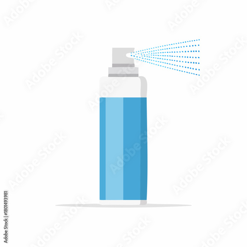 Aerosol spray bottle with blue liquid mist emitting from nozzle for cleaning or freshening