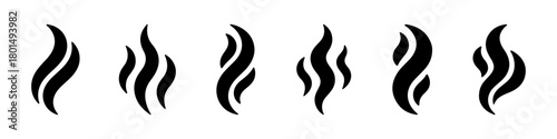 Set of solid black icons representing abstract smoke or steam plumes, ideal for warmth and aroma concepts.