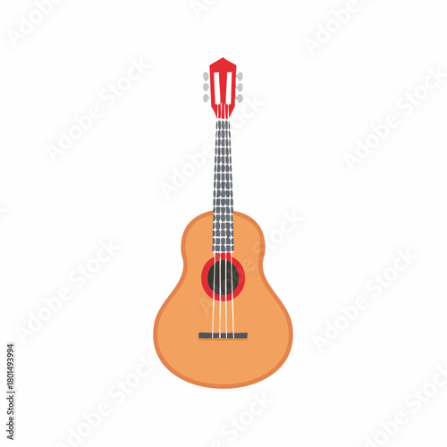 Acoustic guitar with a warm wooden body and bright red headstock in a simple illustration
