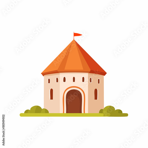 Medieval Tower Fortress with Orange Roof and Red Flag on White Background