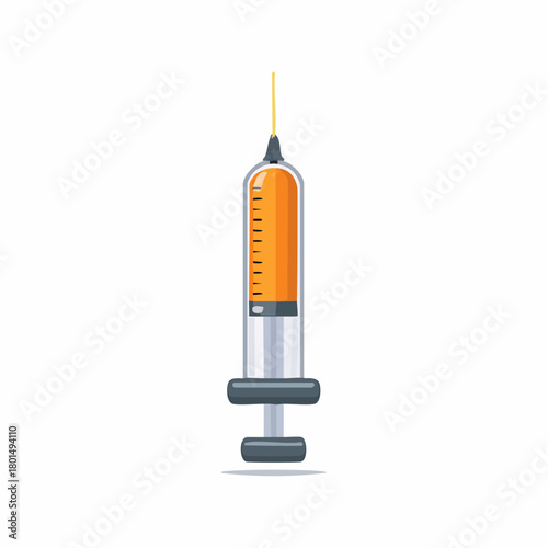 Medical syringe filled with orange liquid and thin needle isolated on white
