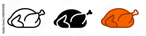  Icons of a whole roasted chicken in outline, solid, and flat color styles, representing food and cooking.