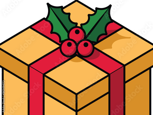 A festive gift box with a red ribbon and a sprig of holly is ready to be opened for a special occasion.