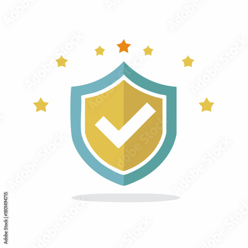 Golden shield with check mark and stars signifies security and quality