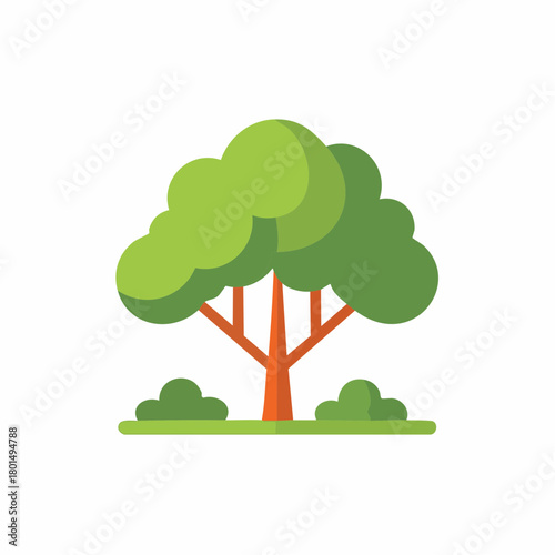 Minimalist green tree with lush foliage and shrubs in a simple flat design digital illustration