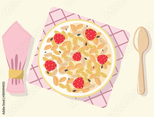 Bowl with oatmeal, strawberries, sunflower seeds, a napkin and spoon on the side, a checkered table napkin