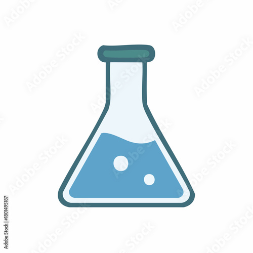 Cartoon Erlenmeyer Flask with Blue Liquid Bubbles for Science and Chemical Experiments
