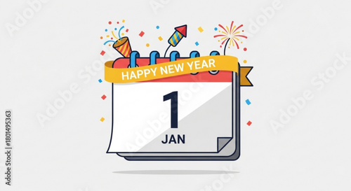 A calendar with the date january 1st marked, surrounded by confetti and a banner that reads happy new year isolated on
