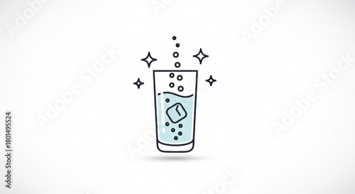 A minimalist illustration of a sparkling glass of water with ice cube, isolated on, conveying purity and refreshment