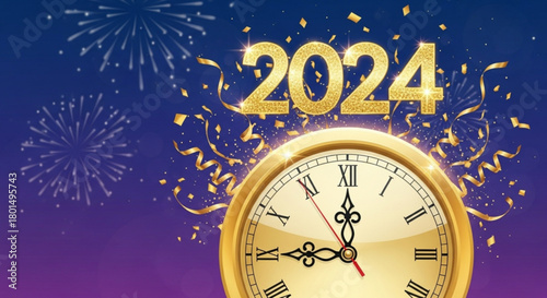 Golden clock striking midnight with 2024 and fireworks, celebrating the arrival of the new year on a gradient blue and purple background isolated on