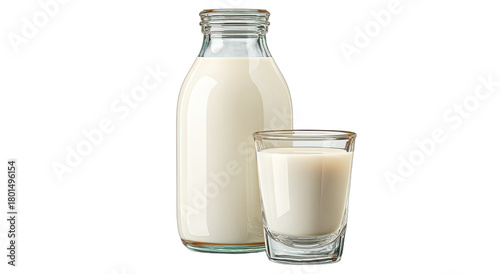 Image shows a glass bottle of fresh white milk beside a small glass of milk