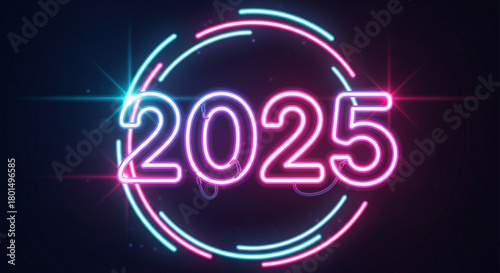 Bright neon 2025 sign against a dark background, illuminated with vibrant pink and blue lights, creating a futuristic and celebratory atmosphere for the new year