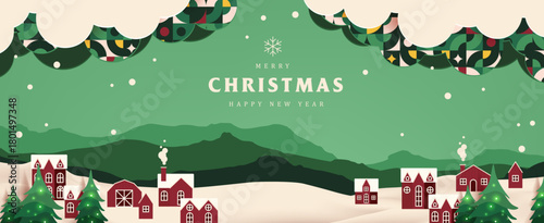 Merry christmas and happy new year greeting card banner paper art style with snowy winter landscape red village and forest scene for holiday celebration and festive background