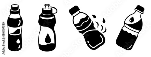 Set of black and white icons depicting different types of water bottles, including sports bottles and standard plastic bottles, isolated on