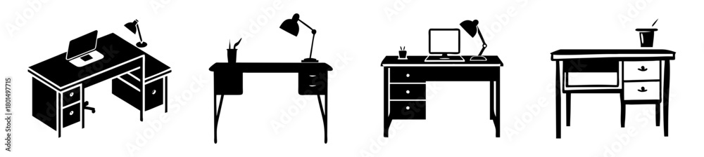 Fototapeta premium Collection of four black and white silhouette icons depicting various styles of desks, suitable for office or home study environments, isolated on