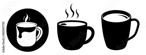 Collection of three black and white silhouette icons of steaming coffee cups, representing hot beverages and morning routines, isolated on