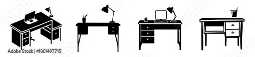 Collection of four black and white silhouette icons depicting various styles of desks, suitable for office or home study environments, isolated on