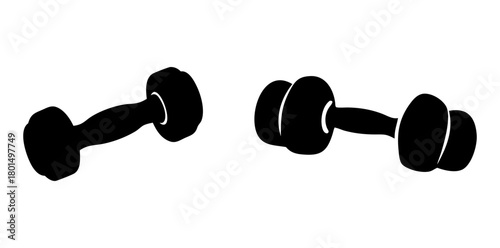 Two black silhouette dumbbells on a, representing fitness, weightlifting, exercise, and strength training equipment