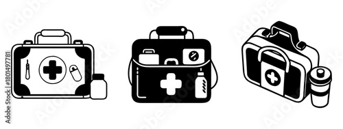 Set of black and white icons depicting various first aid kits and medical bags, symbolizing emergency care and health preparedness, isolated on