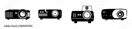 Assortment of black and white icons representing projectors, including different models and designs, used for presentations and visual displays, isolated on a