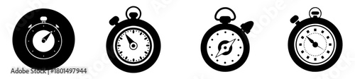 Four black silhouette stopwatch icons in different views isolated on