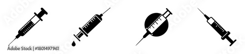 Collection of four black syringe icons isolated on, representing medical treatment, vaccination, and healthcare