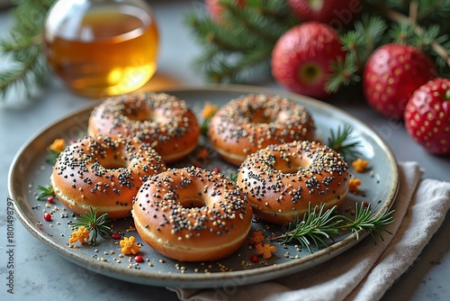 Festive holiday bagels with seeds and decorative sprigs on rustic plate