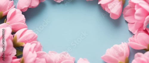 Blossoming Display, Pink Cherry Blossom Flowers, Studio, Floral Border, Flat Lay, Soft Blue Background, Copy Space Elegance