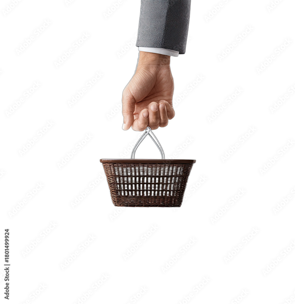 Fototapeta premium Close-up of a hand in a suit sleeve holding a small brown empty basket on black