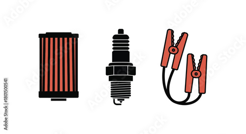 Automotive maintenance parts oil filter spark plug jumper cables vector